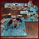 Image of a small five room dungeon made of Modular Realms Adventurer Pack. The dungeon uses terrain scatter and minis to bring the dungeon to life